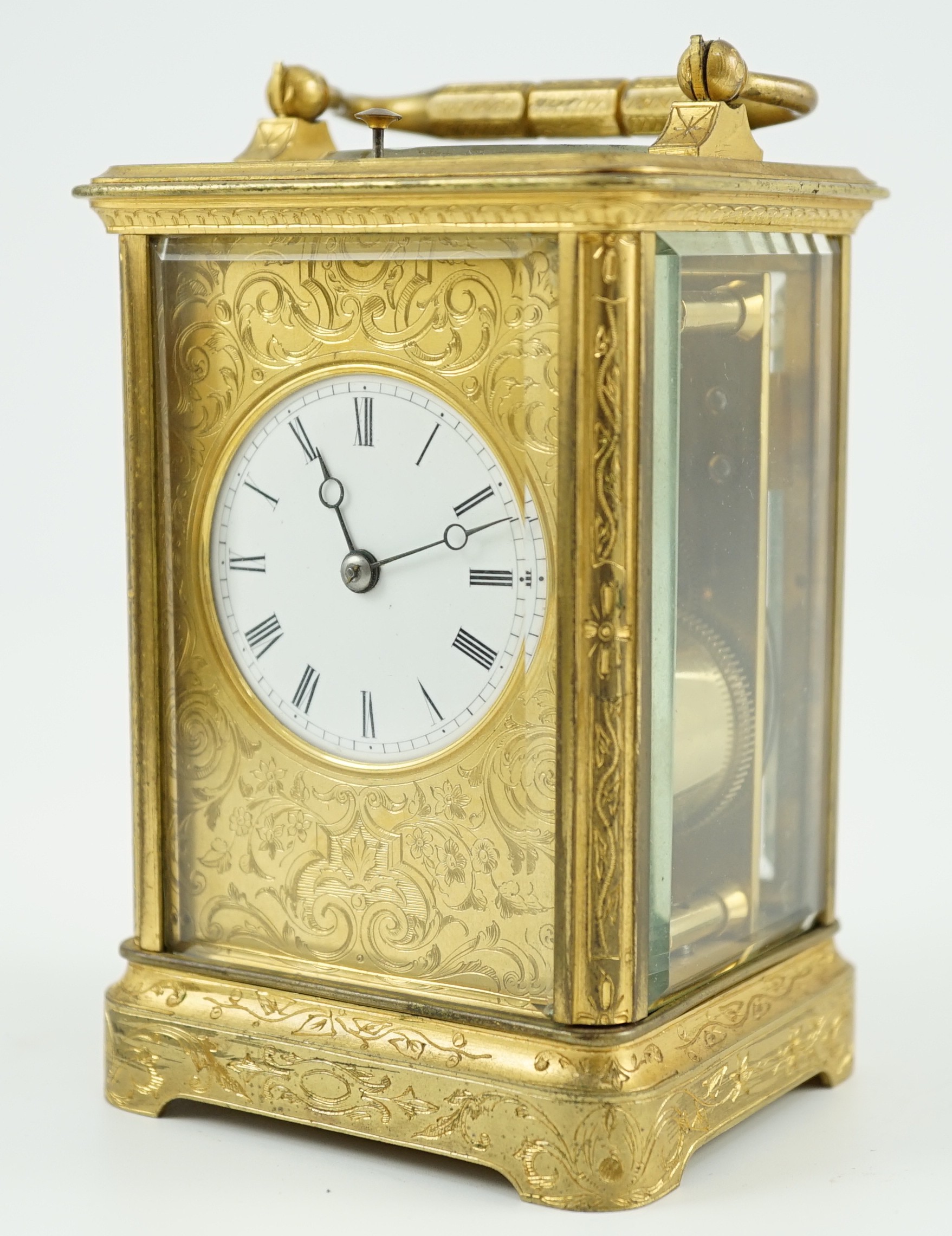 A late 19th century French gilt brass repeating carriage clock, width 8cm depth 7.5cm height 13cm